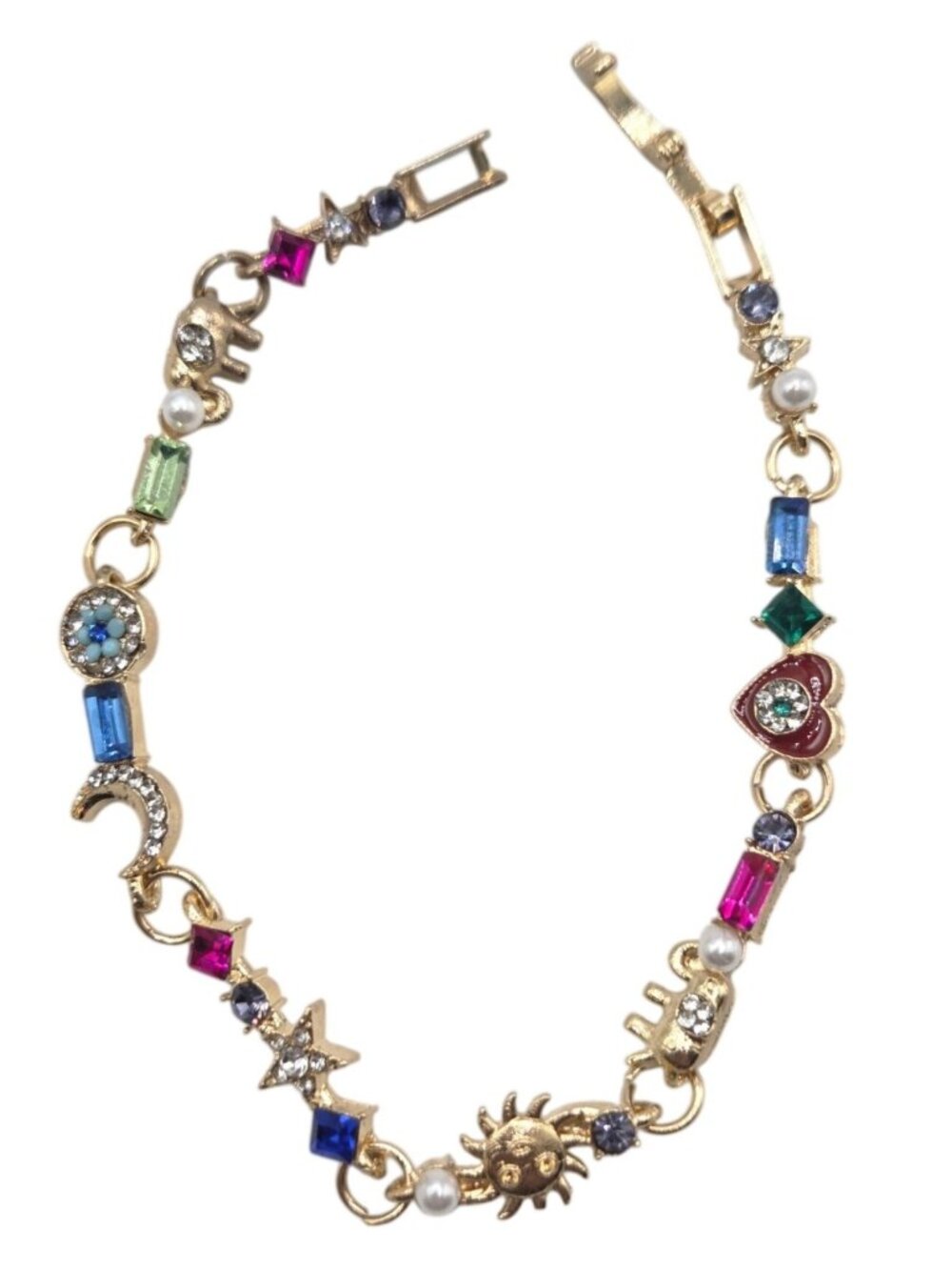 Gold-Tone Charm Bracelet With Colorful Gemstones And Celestial Designs